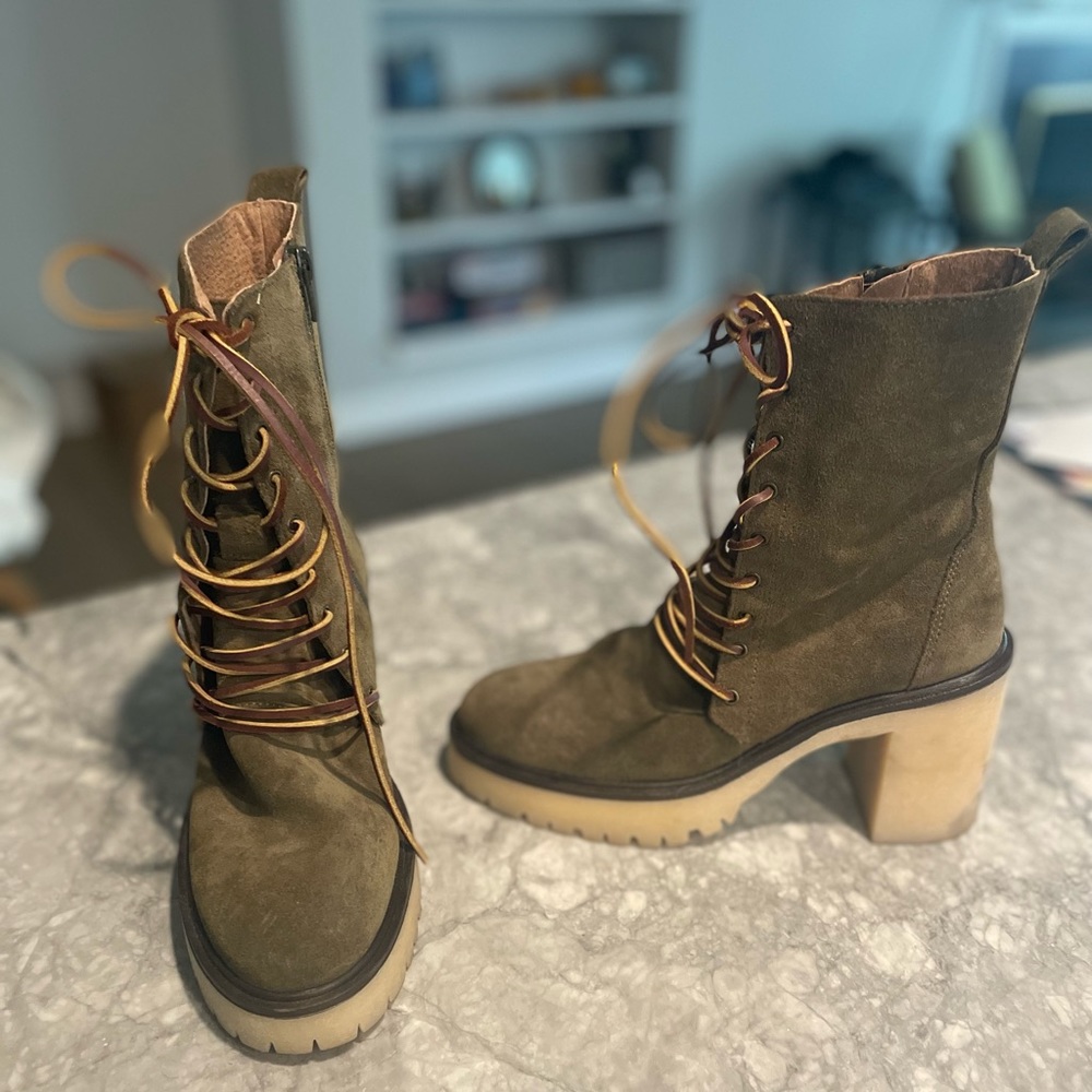Free People brand chunky sole boot. Army Greenish, faux lace up w zipper.